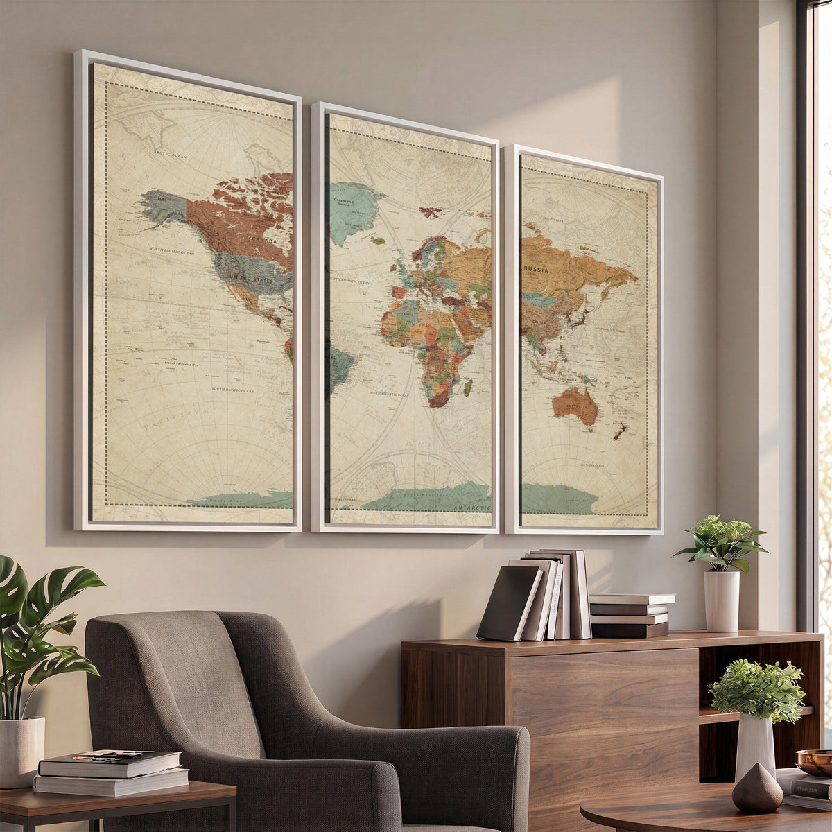 Vintage World Map Canvas Wall Art Print | Framed Modern World Map