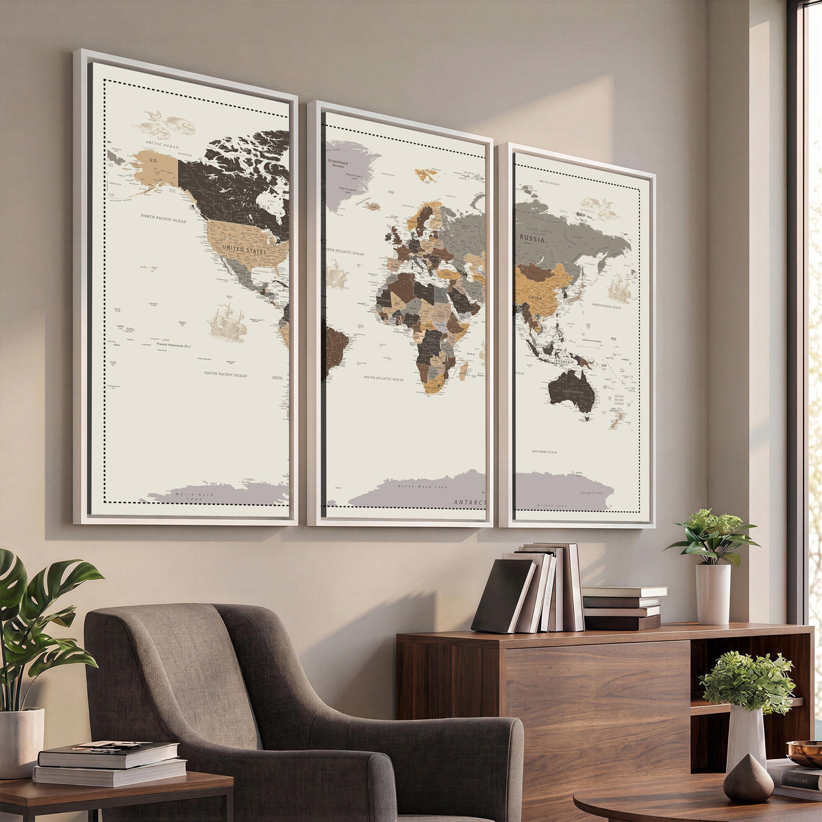 Custom Beige Modern Push Pin World Map Canvas Print, Places Visited Tracker, Bedroom and Study Decor