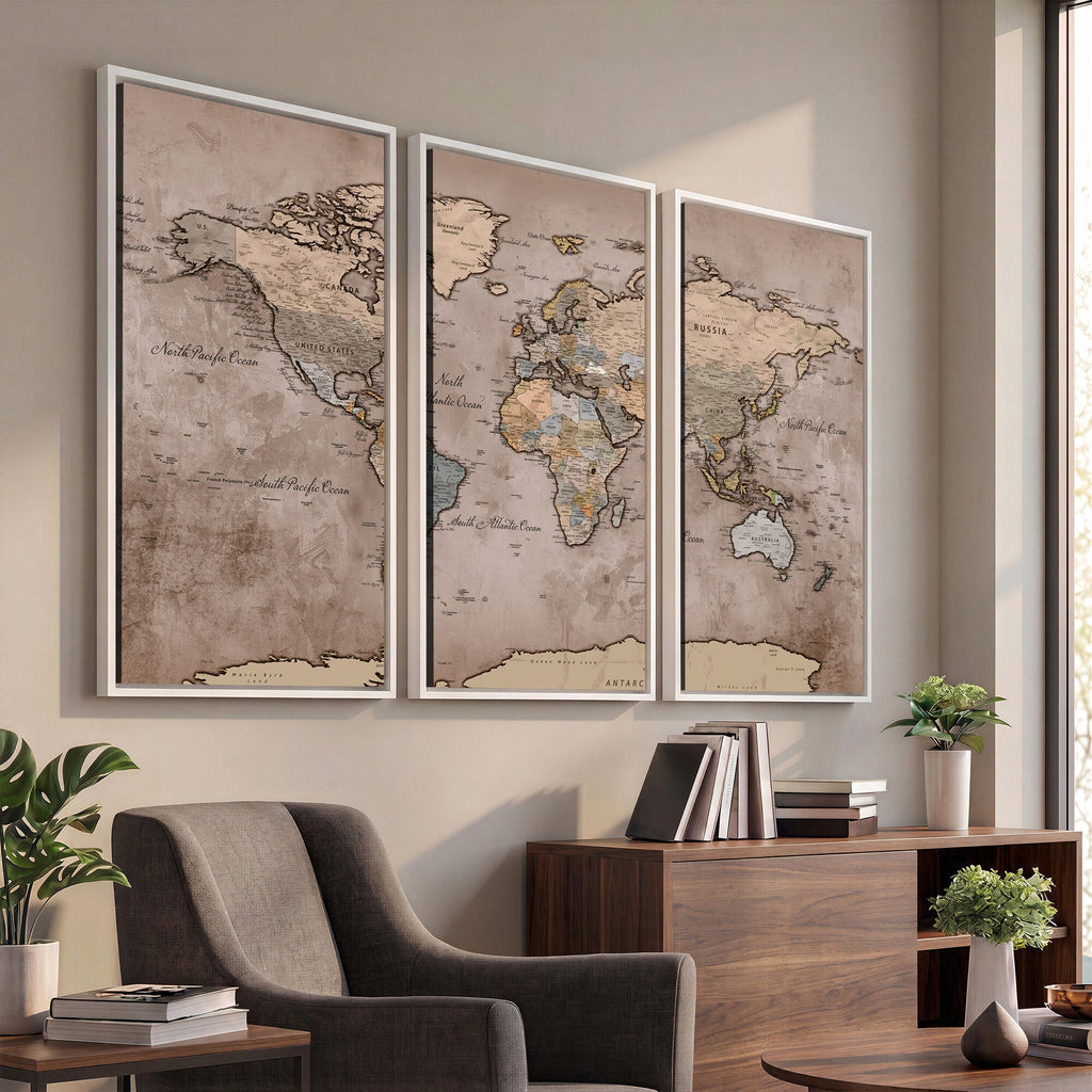 Grunge World Map Canvas Wall Art - Vintage Aged World Map with Golden Tones