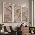 Grunge World Map Canvas Wall Art - Vintage Aged World Map with Golden Tones
