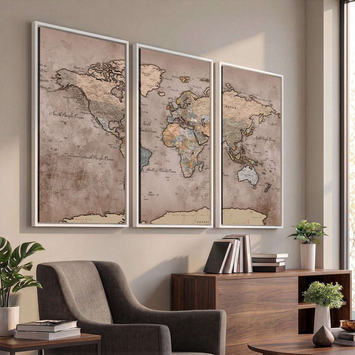 Grunge World Map Canvas Wall Art - Vintage Aged World Map with Golden Tones