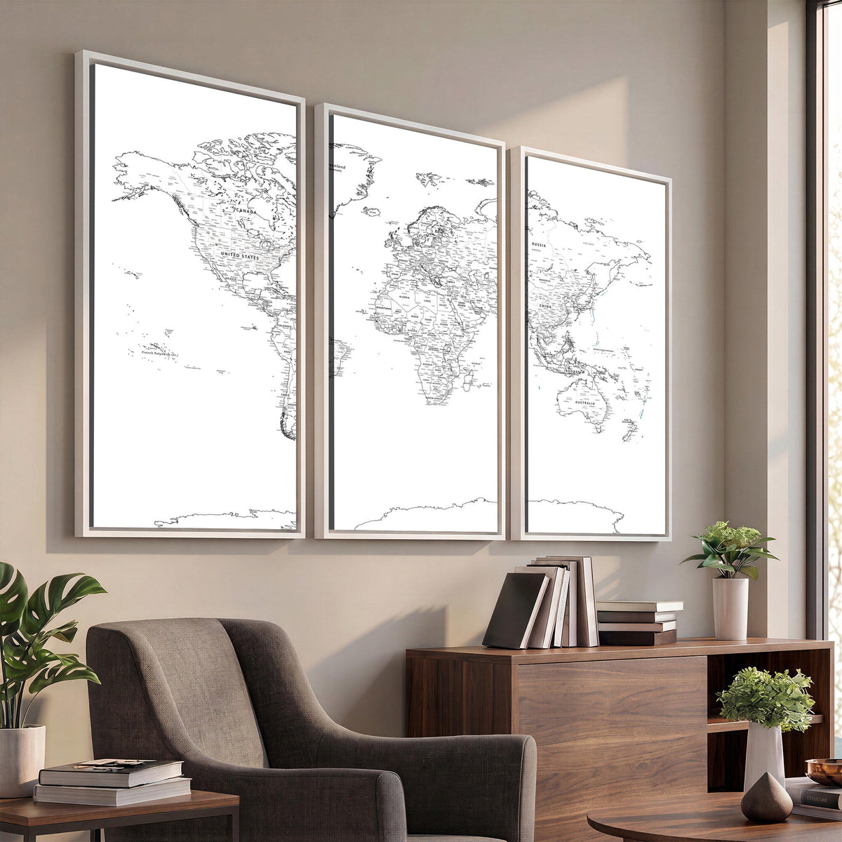 World Map Canvas Print, Framed Modern Detailed Map of the World for Home or Office