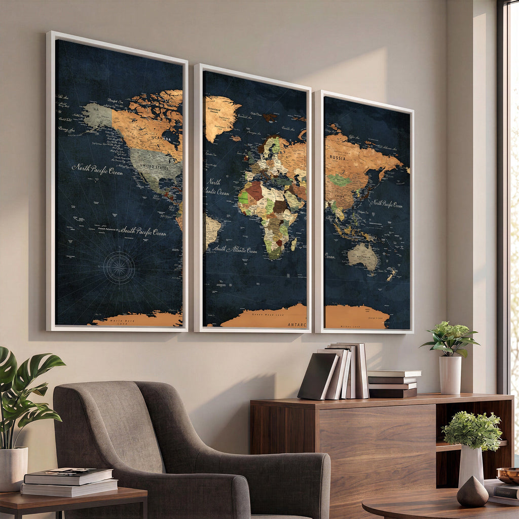 Vintage World Map Canvas Wall Art | Detailed Map with Countries, Oceans and Continents