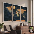 Vintage World Map Canvas Wall Art | Detailed Map with Countries, Oceans and Continents