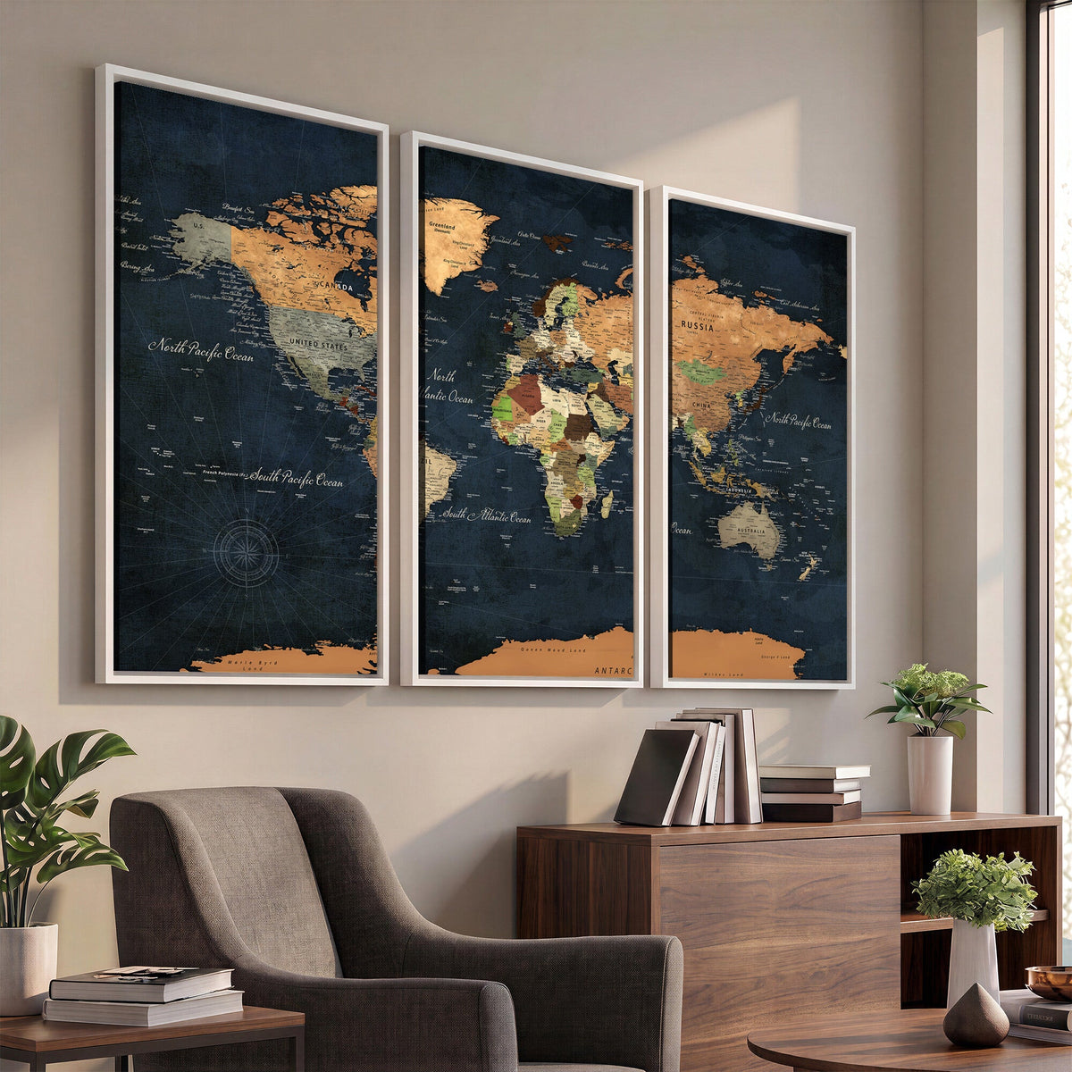 Vintage World Map Canvas Wall Art | Detailed Map with Countries, Oceans and Continents