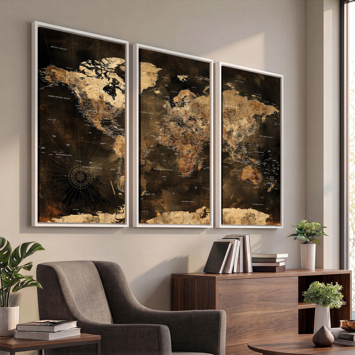 World Map Canvas Print, Modern Decorative Framed Map Artwork