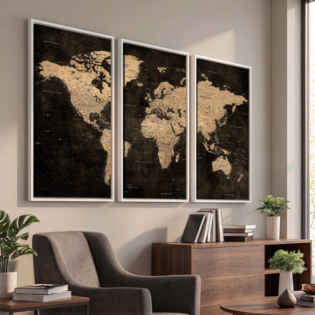 Brown World Map Canvas Print | Modern Travel Map Wall Art