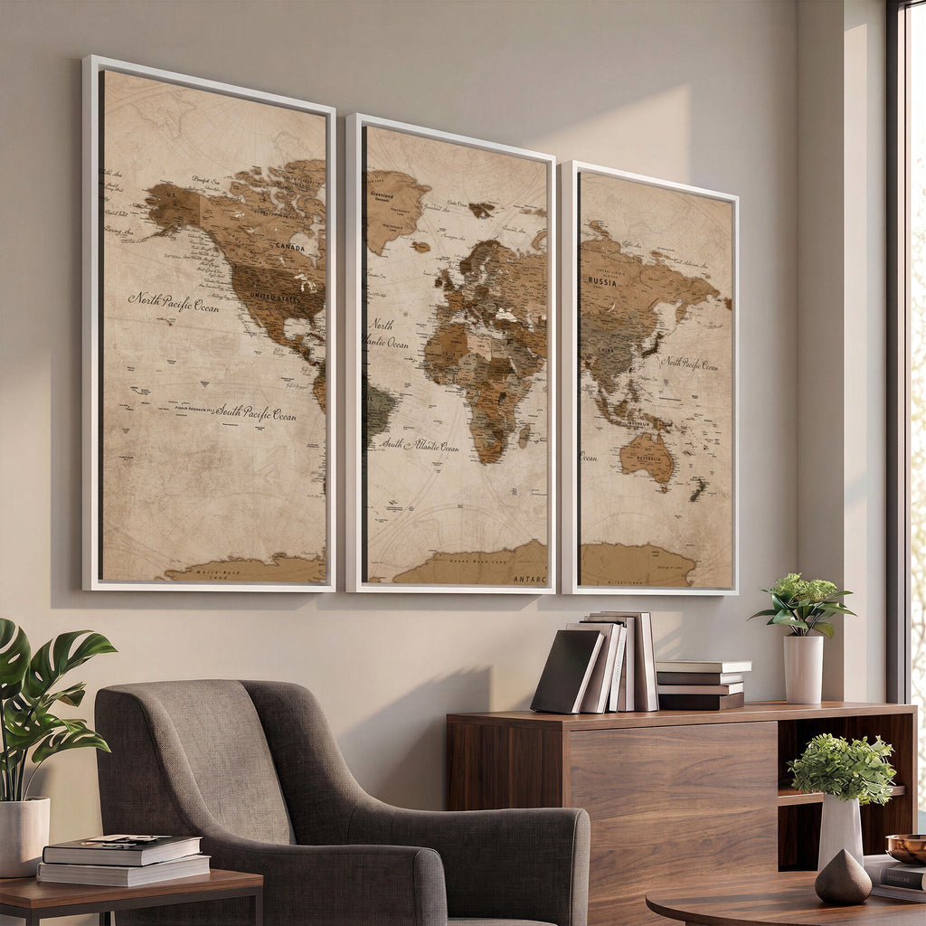 World Map Canvas Wall Art Print, Detailed Global Map Artwork