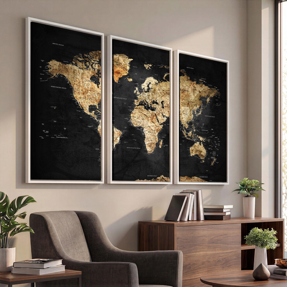 World Map Canvas Wall Art with Famous Landmarks | Framed Travel Map