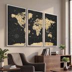 Vintage Blue and Brown World Map Canvas Wall Art | Framed Rustic Map Print