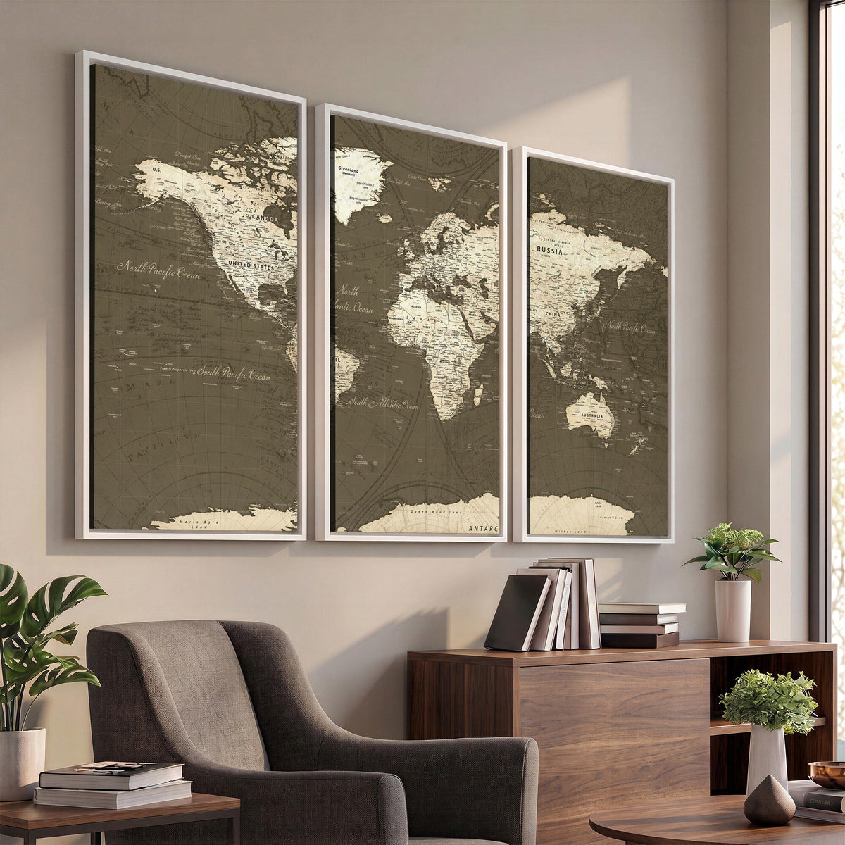 Vintage World Map Canvas Print | Framed Travel Map Wall Art for Couples