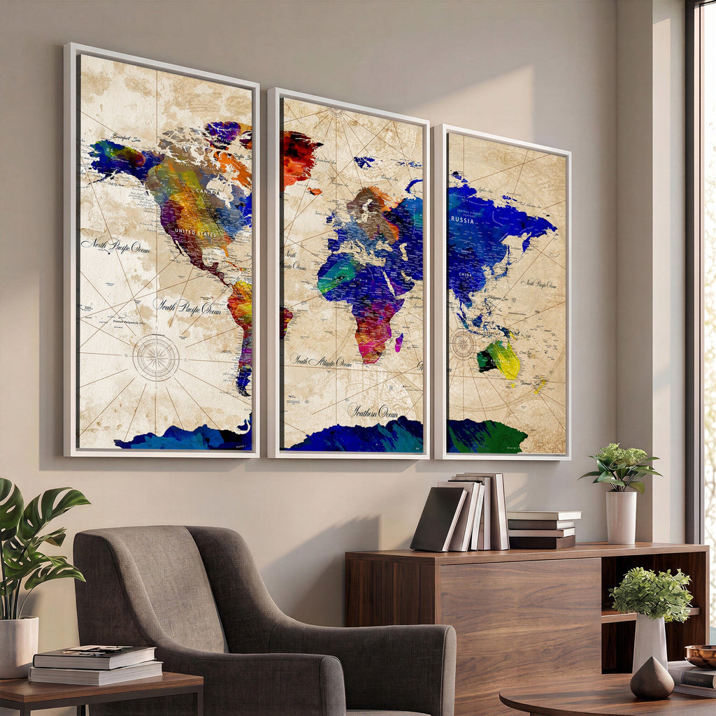 Watercolor World Map Canvas Print | Framed Wall Art for Couples