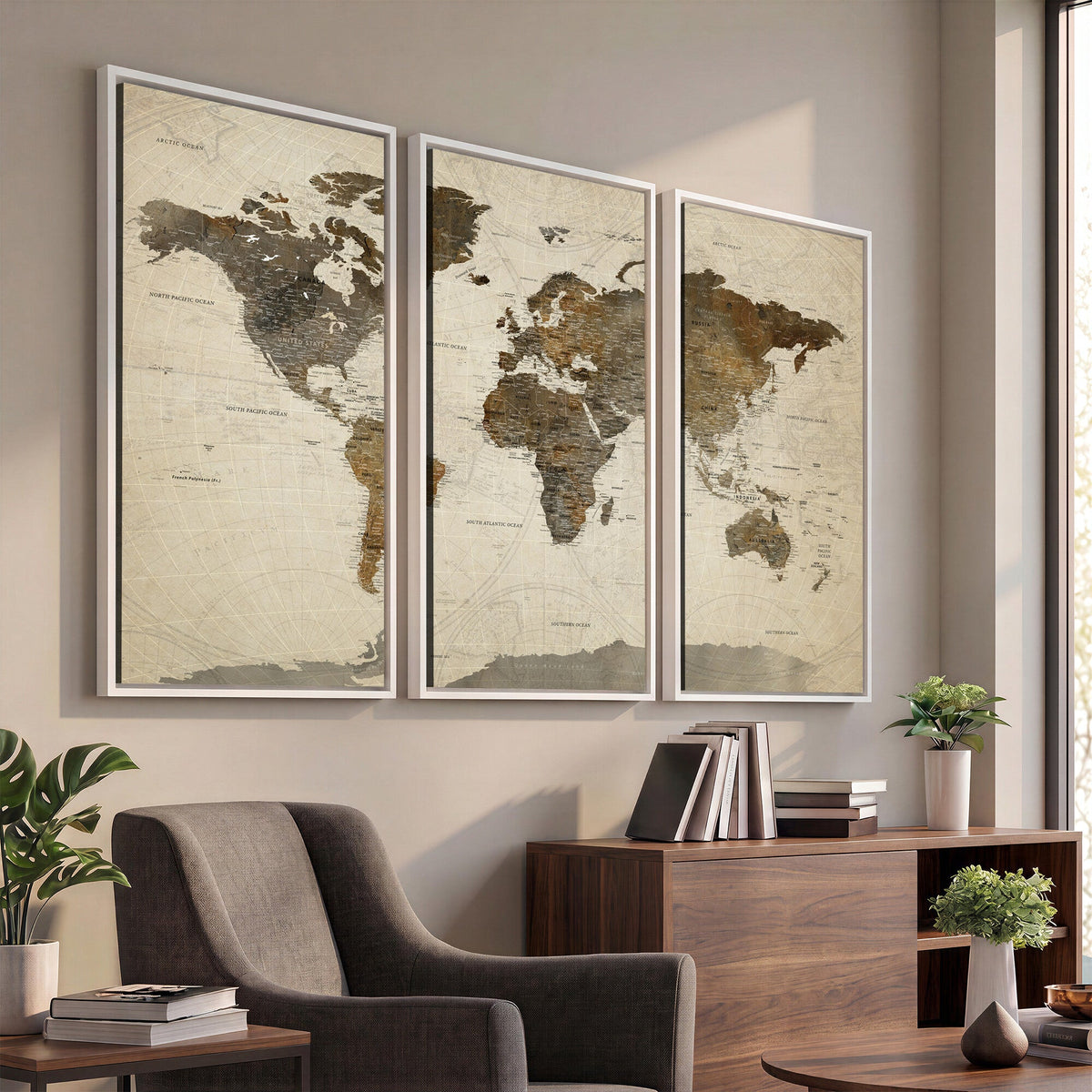 Vintage World Map Canvas Wall Art | Framed Antique Style Travel Map