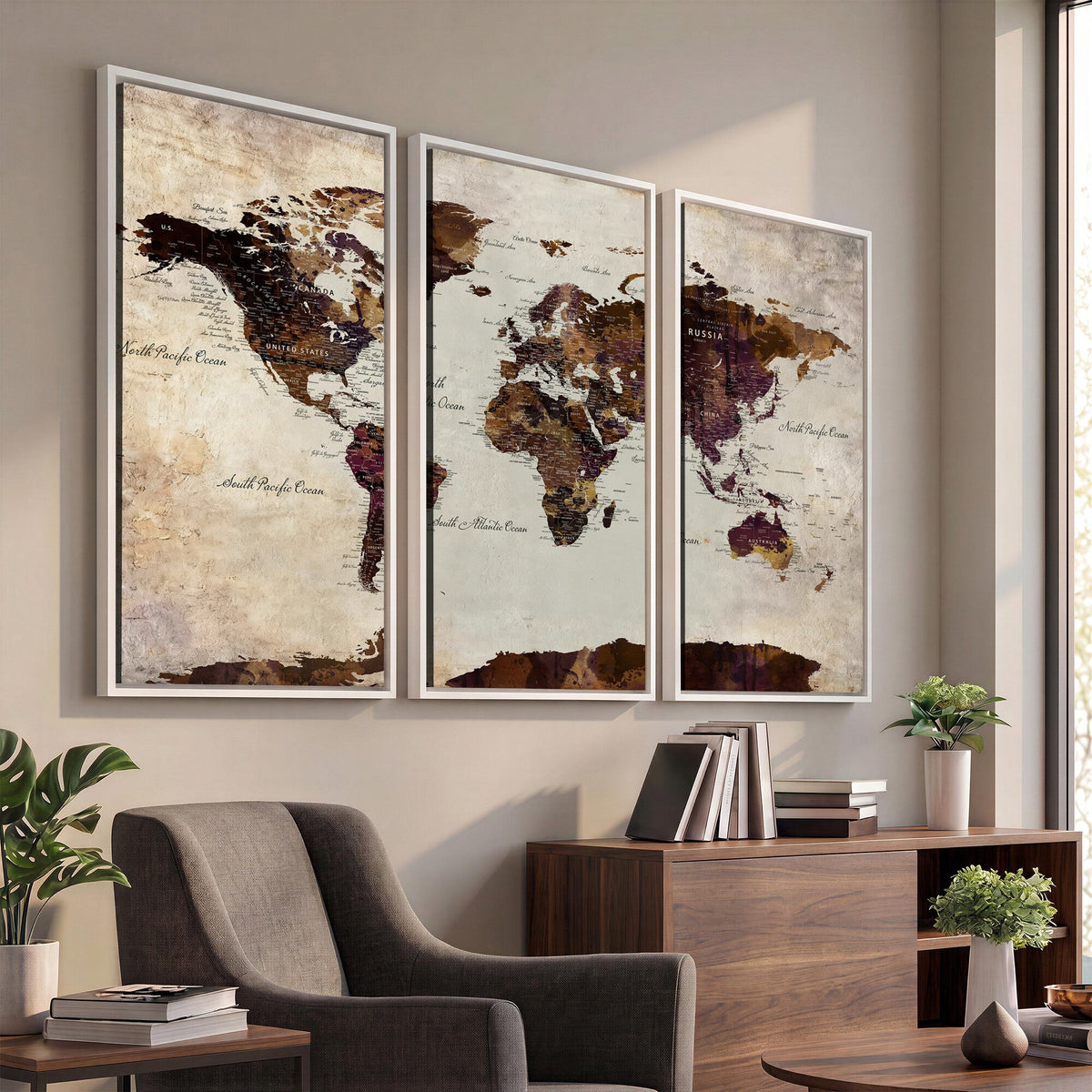 World Map Canvas Triptych | Colorful Global Wall Art for Living Rooms