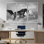 Wild Horses Wall Art Canvas Print, Framed Black and White Galloping Horses
