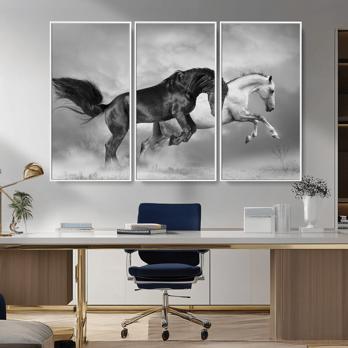 Wild Horses Wall Art Canvas Print, Framed Black and White Galloping Horses