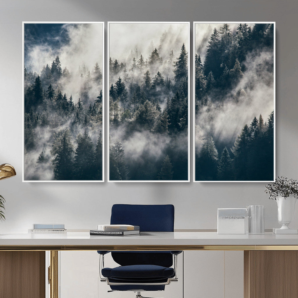 Foggy Mountain Forest Canvas Print, Misty Pine Trees Nature Wall Art