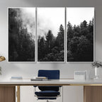 Black White Forest Wall Art Canvas Print, Misty Pine Tree Landscape