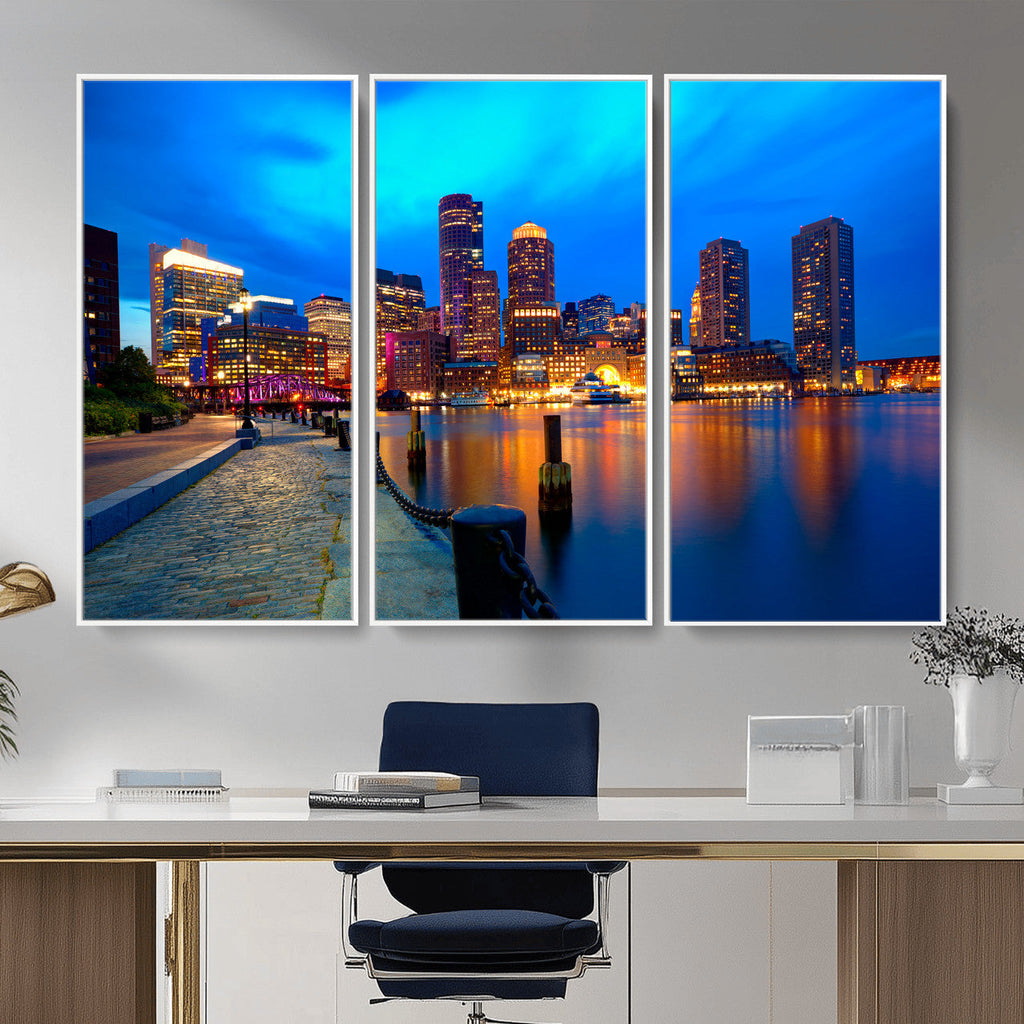 Boston Wall Art Canvas Print, Boston City Downtown Night Cityscape