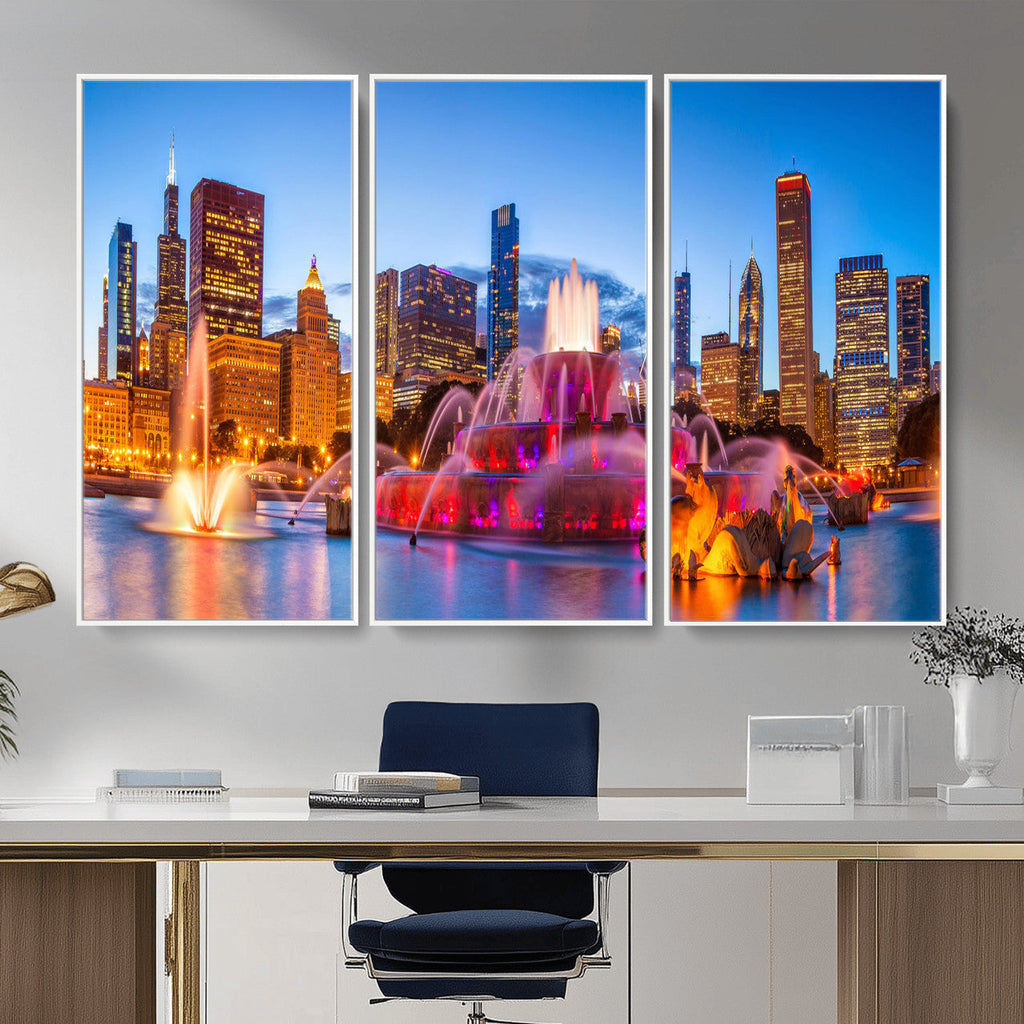 Chicago Wall Art Canvas Print, Chicago City Downtown Night Cityscape