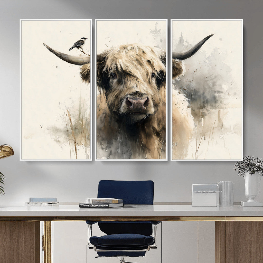 Abstract Highland Cow Wall Art Canvas Print, Rustic Farm Cattle Portrait