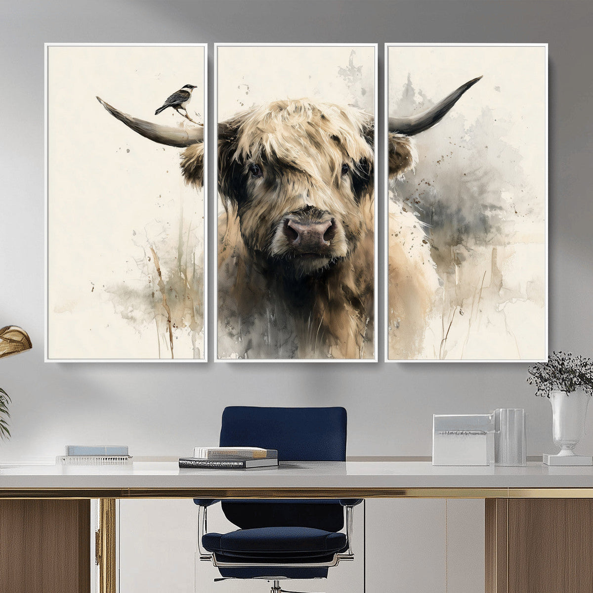 Abstract Highland Cow Wall Art Canvas Print, Rustic Farm Cattle Portrait