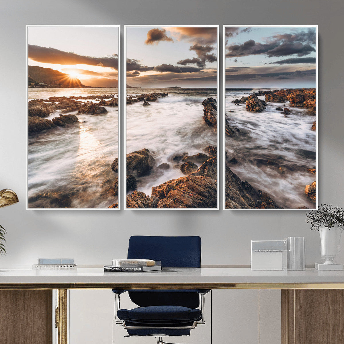 Rocky Coast Ocean Sunset Wall Art Canvas Print, Dramatic Seascape Nature Decor