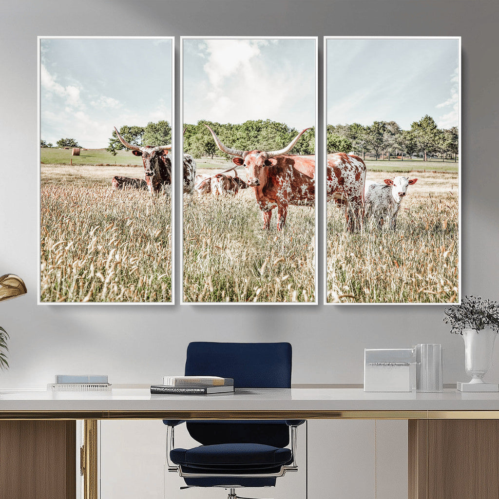 Texas Longhorn Cattle Wall Art Canvas Print, Western Ranch Landscape Decor
