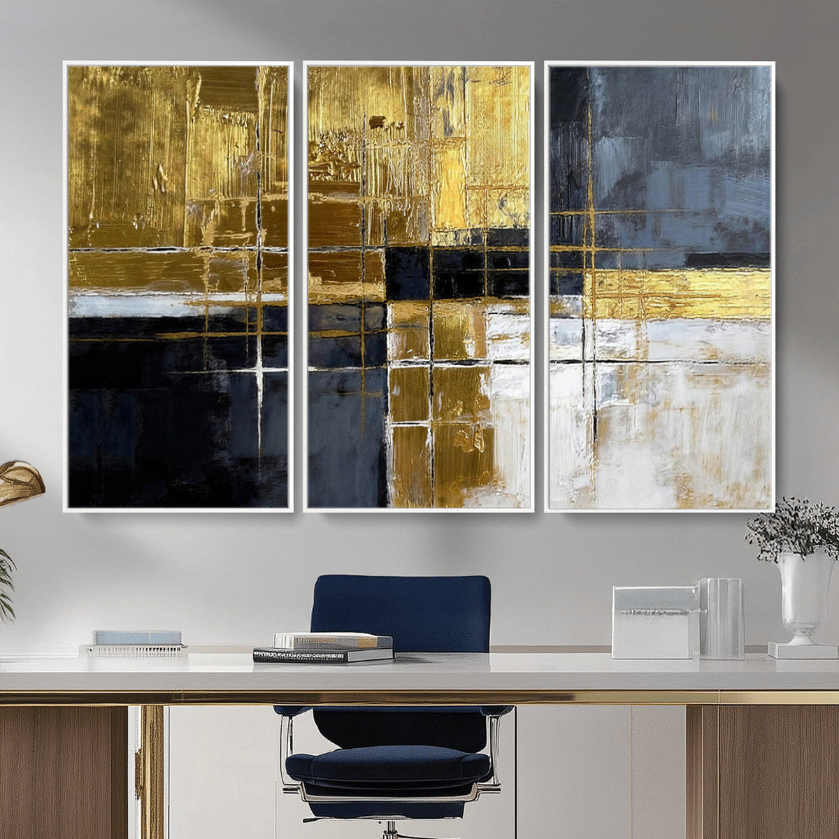 Gold Navy Abstract Wall Art Canvas Print, Modern Luxury Geometric Art for Living Room and Office