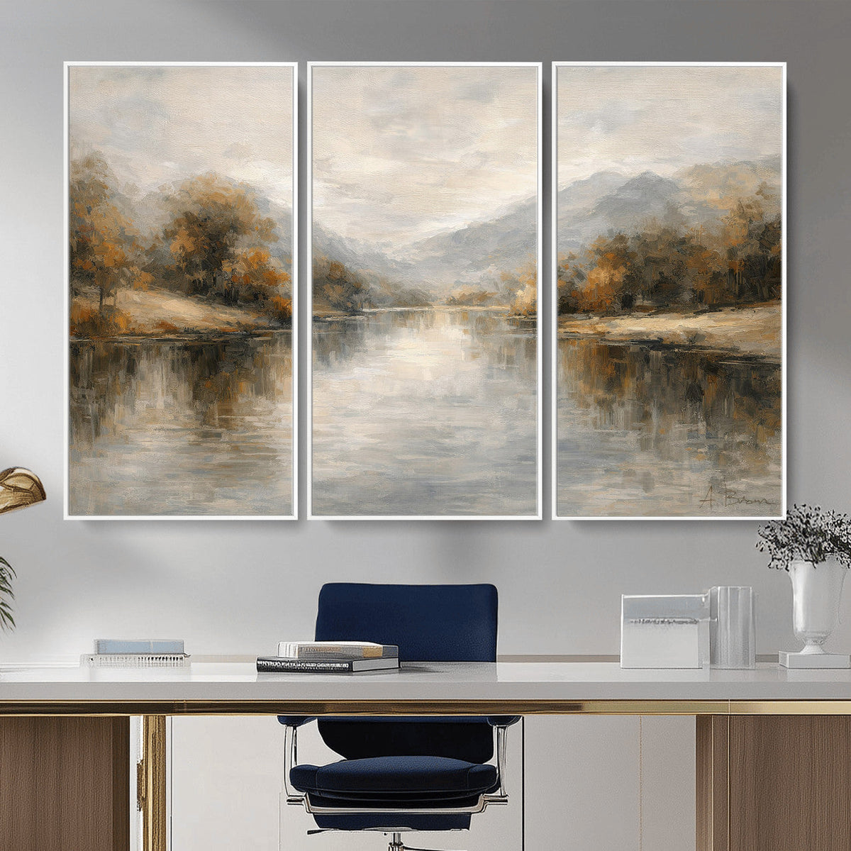 Neutral Abstract River Landscape Wall Art Canvas Print
