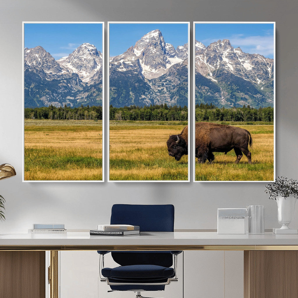 Bison in Mountain Landscape Wall Art Canvas Print, Western Decor