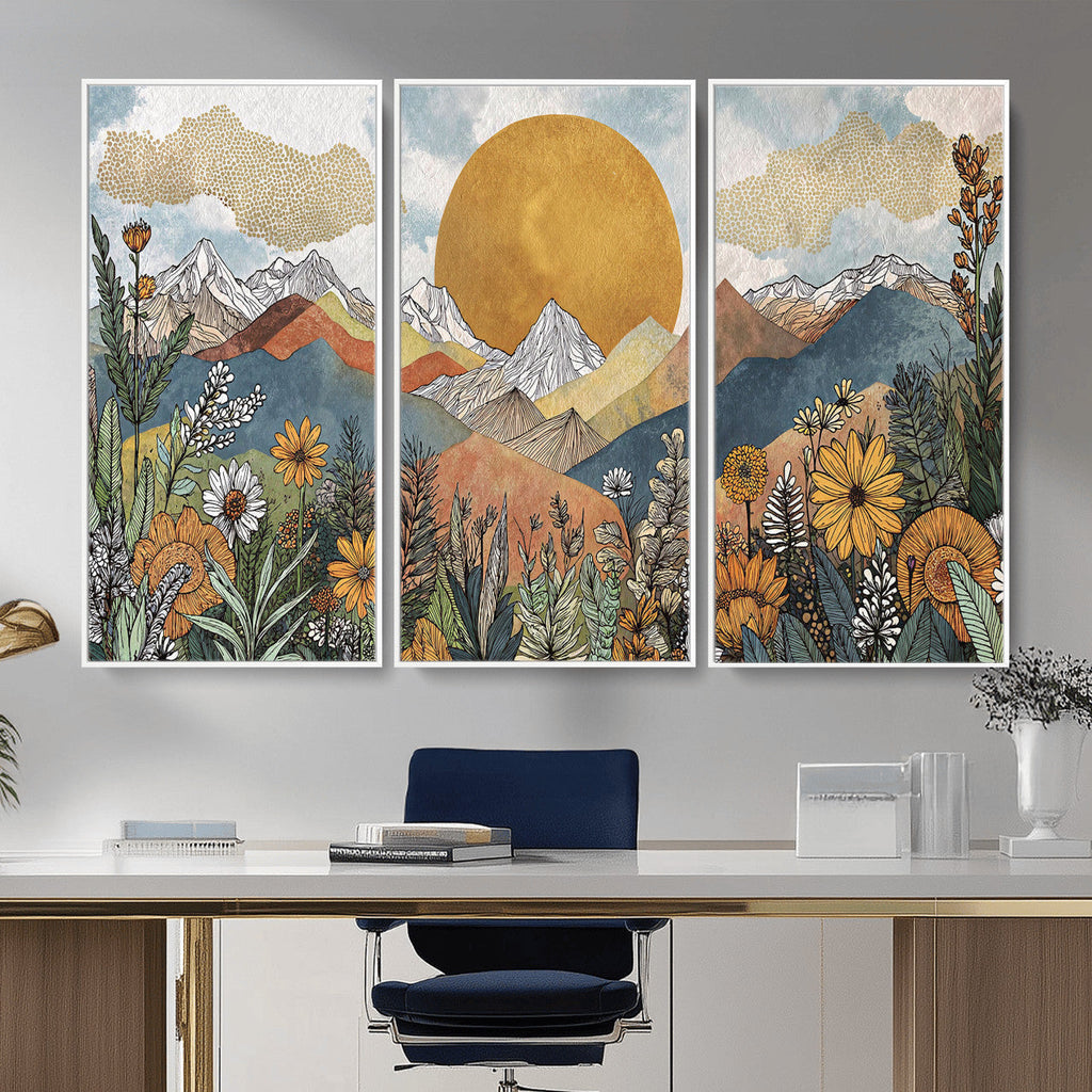 Boho Mountain Landscape Large Wall Art, Horizontal Gold Sun and Flowers Print