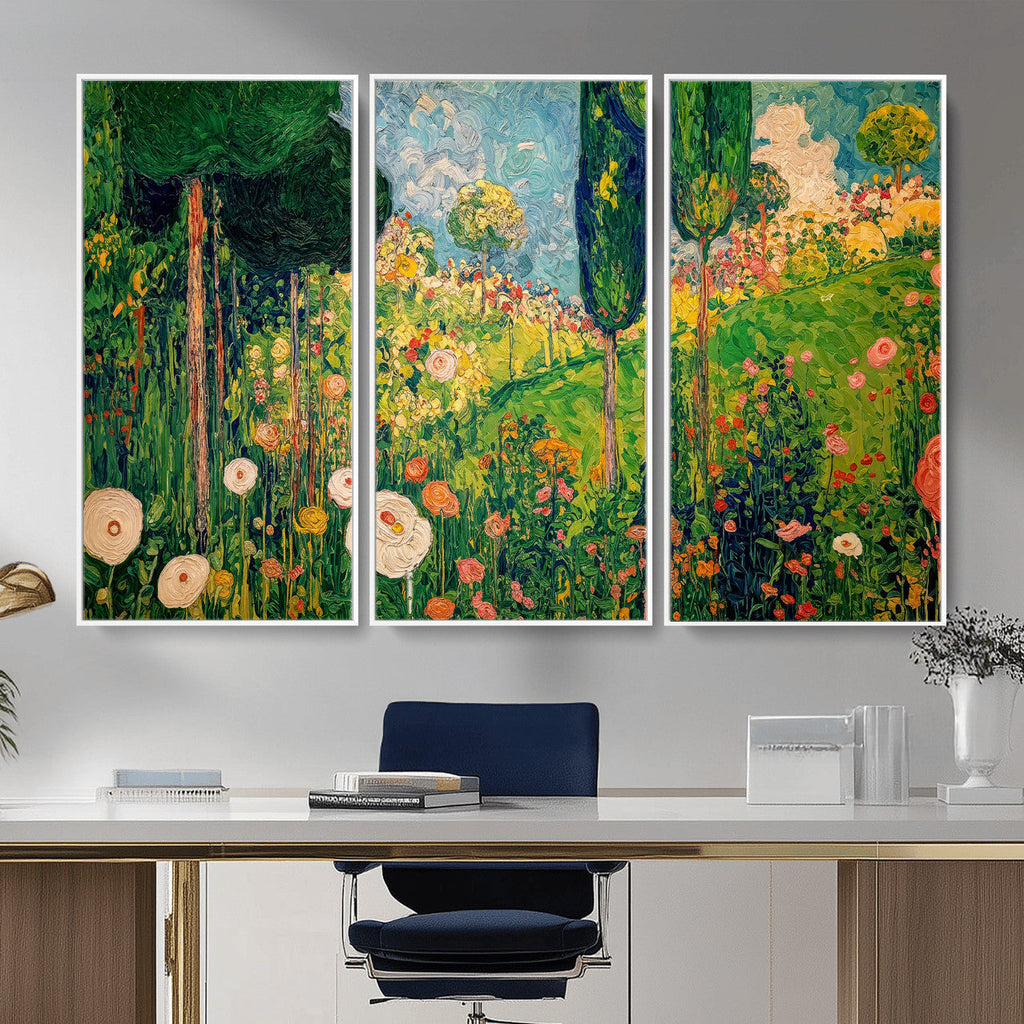 Gustav Klimt Boho Mountain Landscape Large Wall Art, Gold Sun and Flowers Print