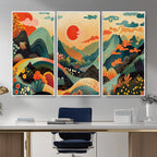 Yayoi Kusama Boho Mountain Landscape Large Wall Art, Gold Sun and Flowers Print