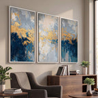 Blue Gold Abstract Large Framed Canvas Wall Art, Modern Luxury Print