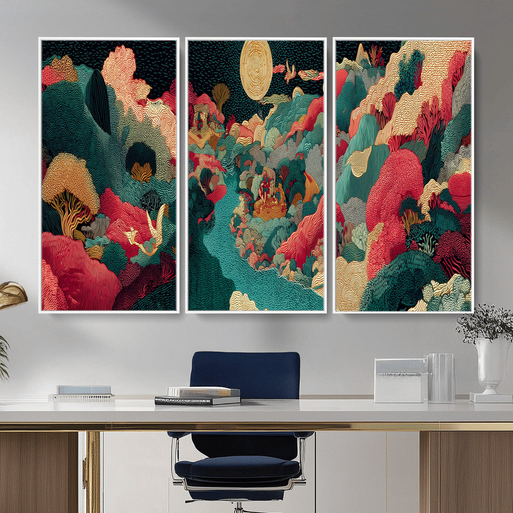 Colorful Japanese Landscape Print: Maximalist Panoramic Wall Art