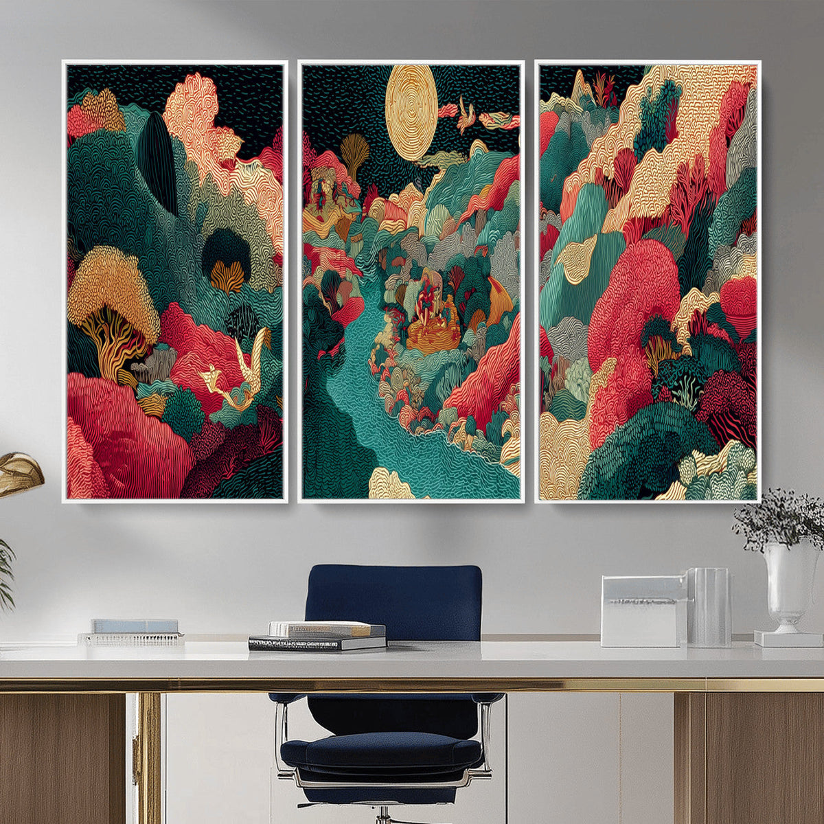 Colorful Japanese Landscape Print: Maximalist Panoramic Wall Art
