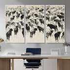 Longhorn Cattle Canvas Wall Art, Black White Stampede Ink