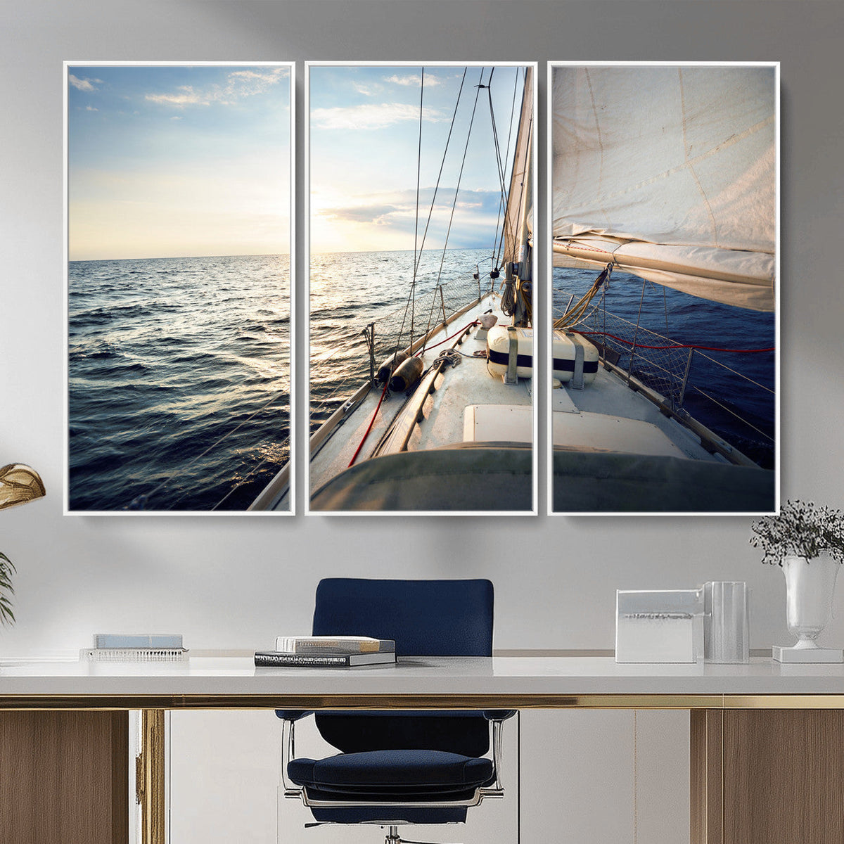 Sailboat Wall Art Canvas Print, Ocean Sunset Sailing Framed Artwork