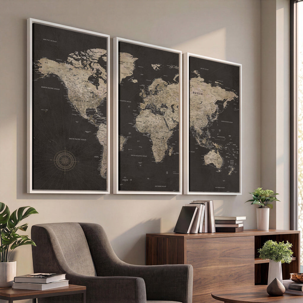 World Map Canvas Wall Art, Dark Charcoal and Antique Tan Detailed Map