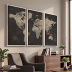 World Map Canvas Wall Art, Dark Charcoal and Antique Tan Detailed Map