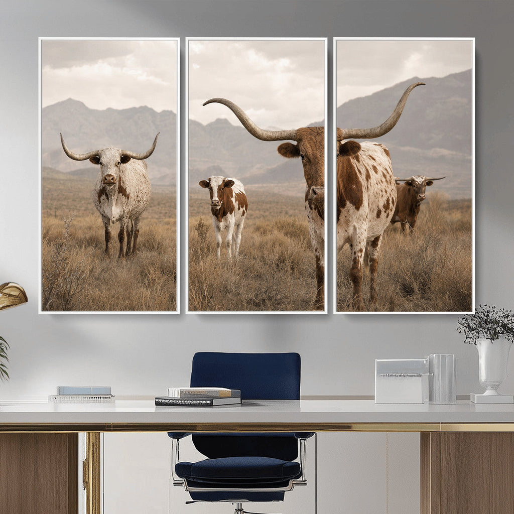 Rustic Texas Longhorn Cow Canvas Wall Art Print, Farm Animal Photography