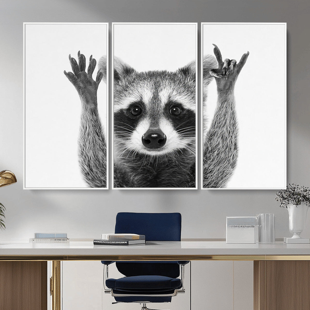 Funny Raccoon Canvas Wall Art, Black White Hands Up Animal Photo Print