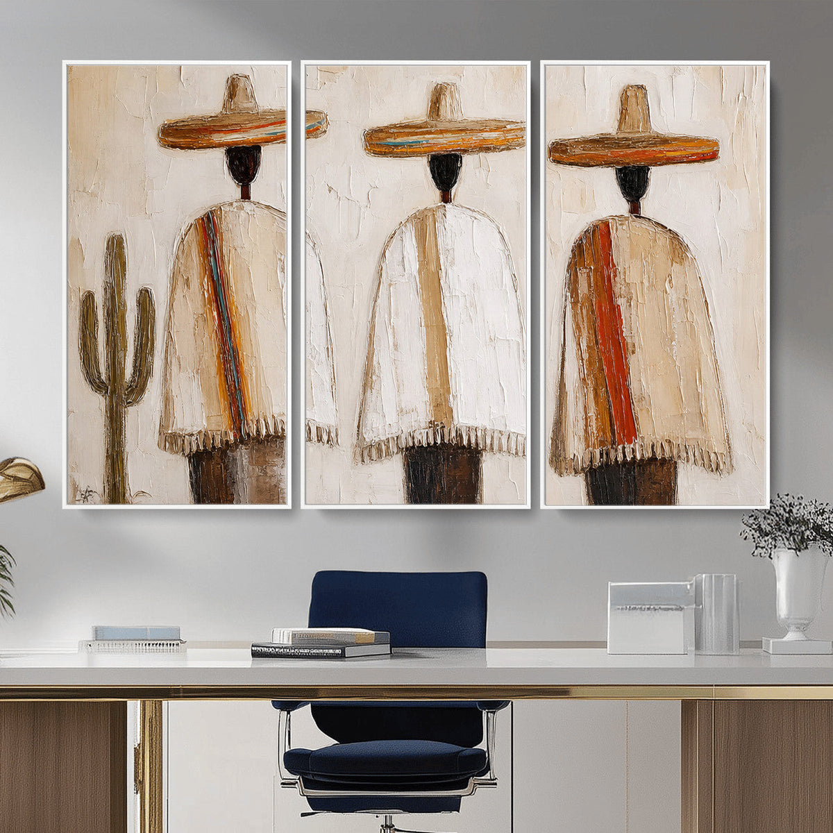 Mexican Wall Art Canvas Print, Southwestern Sombrero Poncho Painting Print, Boho Decor