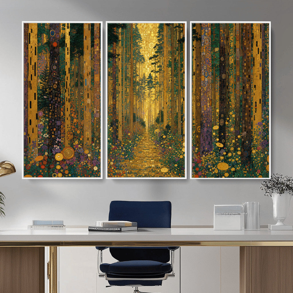 Gustav Klimt Style Forest Canvas Wall Art, Golden Forest Path Floral Art Nouveau Print