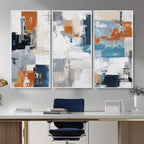 Blue Teal Abstract Canvas Wall Art, Modern Brushstroke Style Print, Navy Orange Contemporary Decor