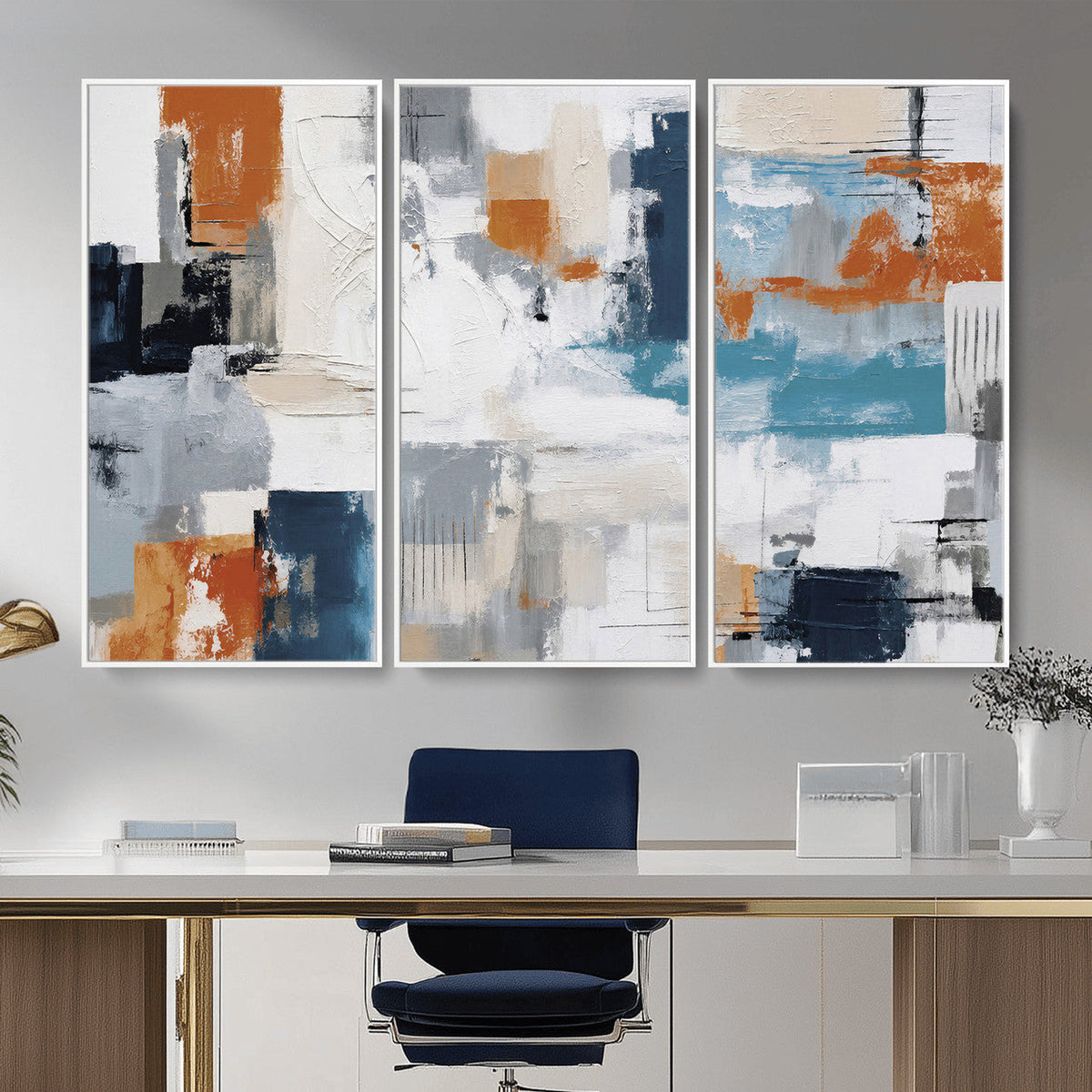 Blue Teal Abstract Canvas Wall Art, Modern Brushstroke Style Print, Navy Orange Contemporary Decor