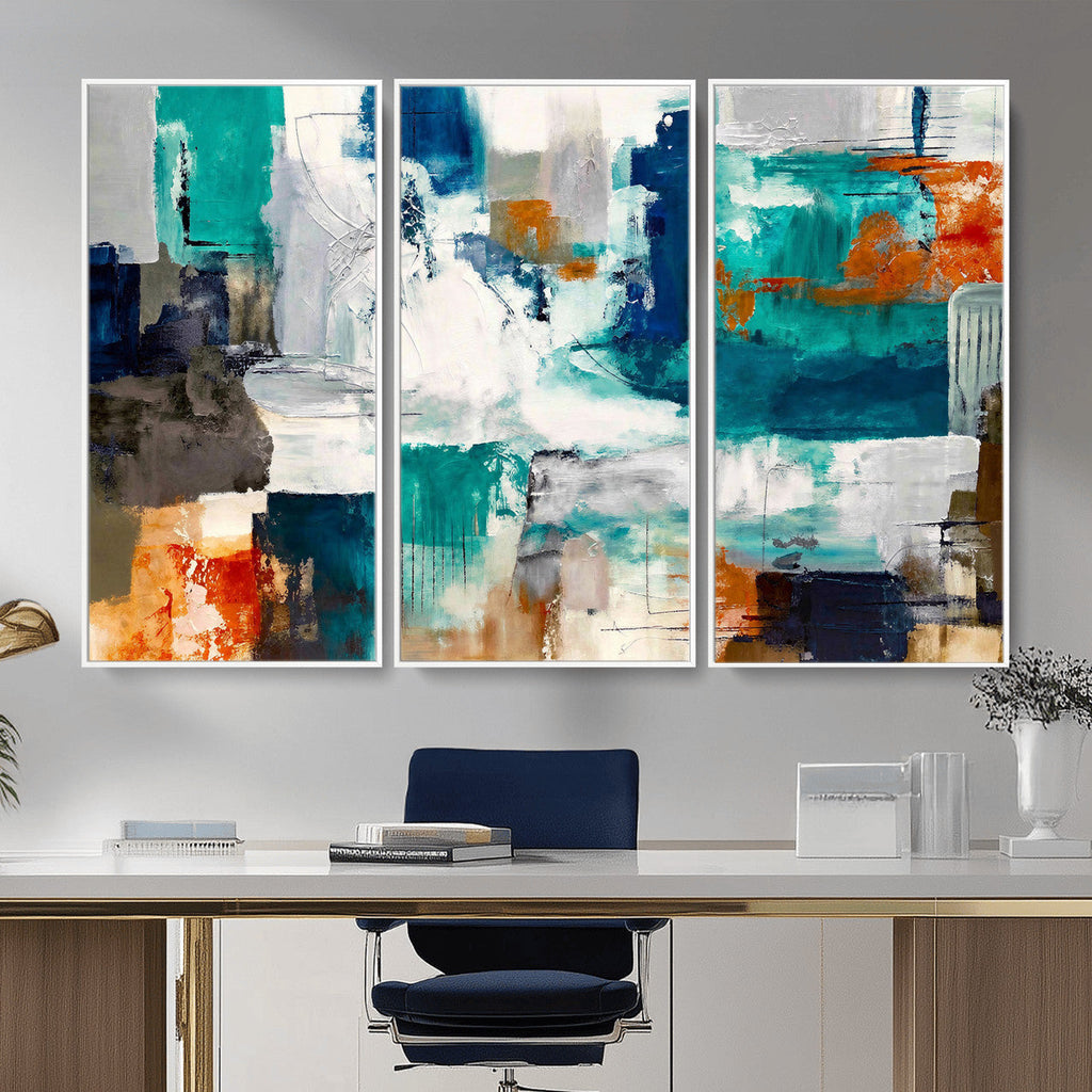 Blue Teal Abstract Canvas Wall Art, Modern Brushstroke Style Print, Navy Orange Contemporary Decor