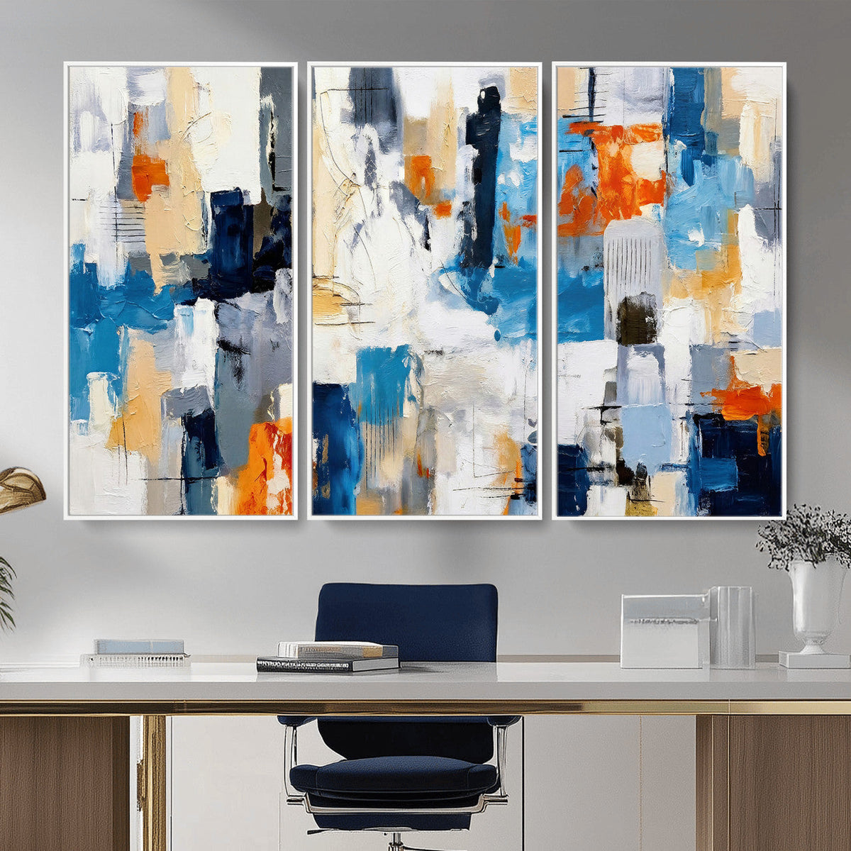 Blue Teal Abstract Canvas Wall Art, Modern Brushstroke Style Painting Print, Navy Orange Contemporary Decor