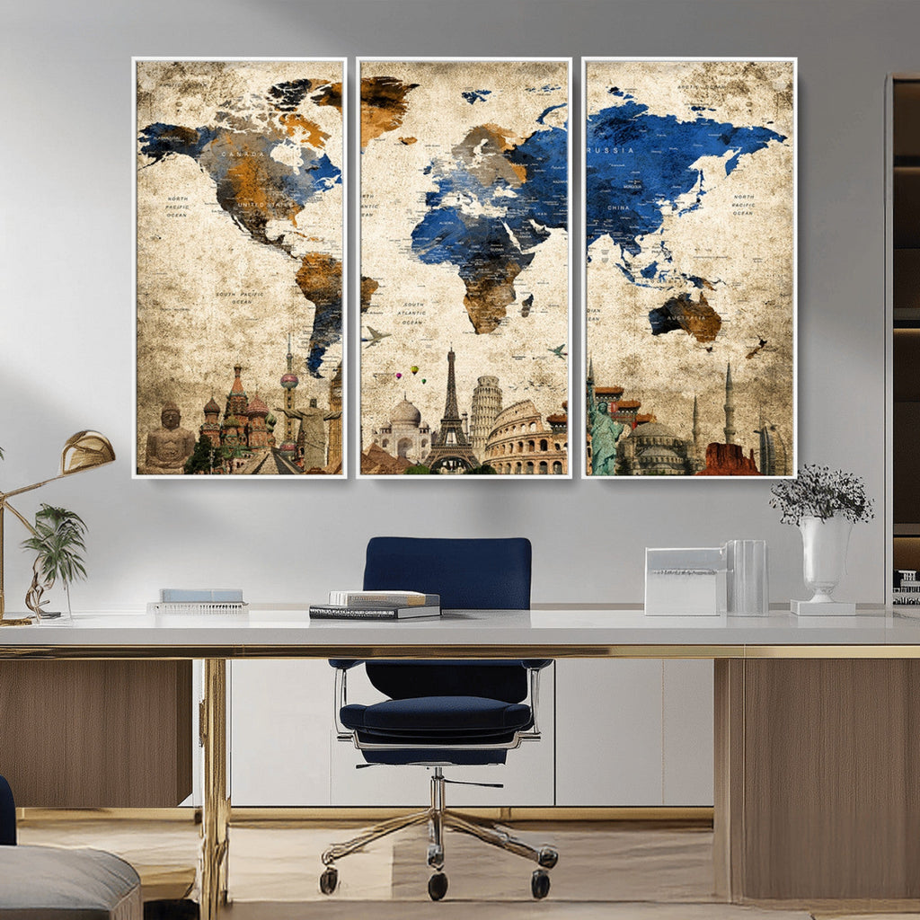 World Map Canvas Print | Vintage Blue and Gold World Map Wall Art